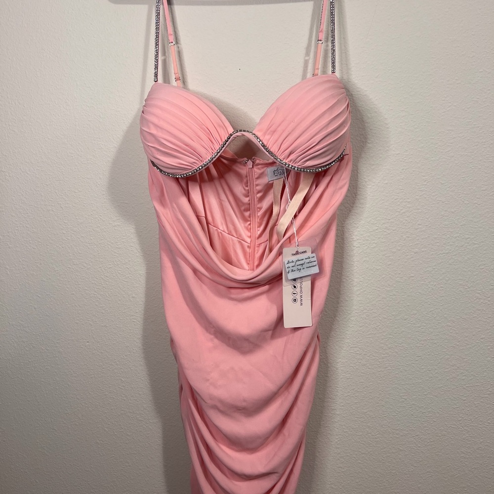 Oh Polly Blush Pink Draped Bodycon Dress with Embellished Straps - Picture 2 of 12
